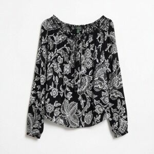 Lauren Ralph Lauren Black Floral Smocked Off Shoulder Long Sleeve Blouse Top XL
